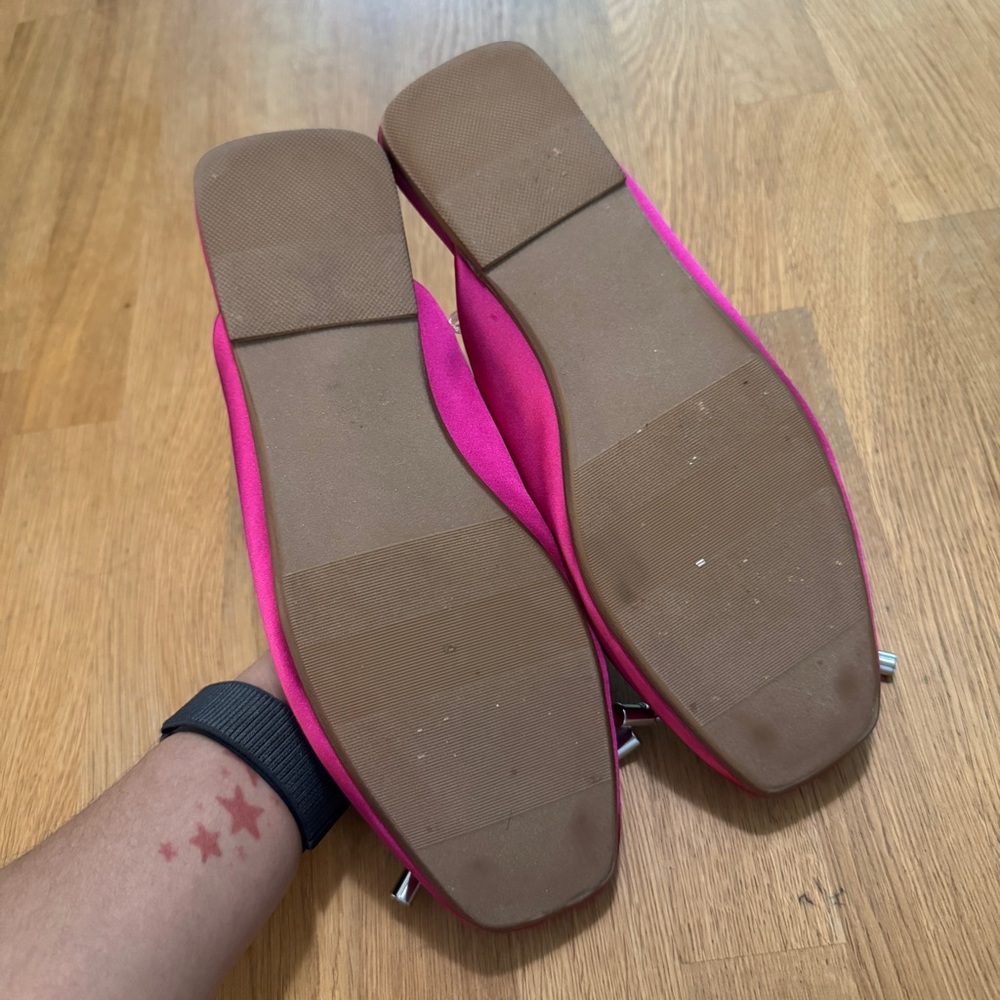 Torrid 9WW Double Wide Hot Pink Satin Rhinestone Bow Slip On Flats - Picture 7 of 9